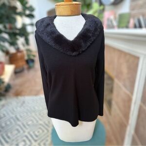 Norton McNaughton Petites Faux Fur Collar Black Sweater. Made in Hong Kong.